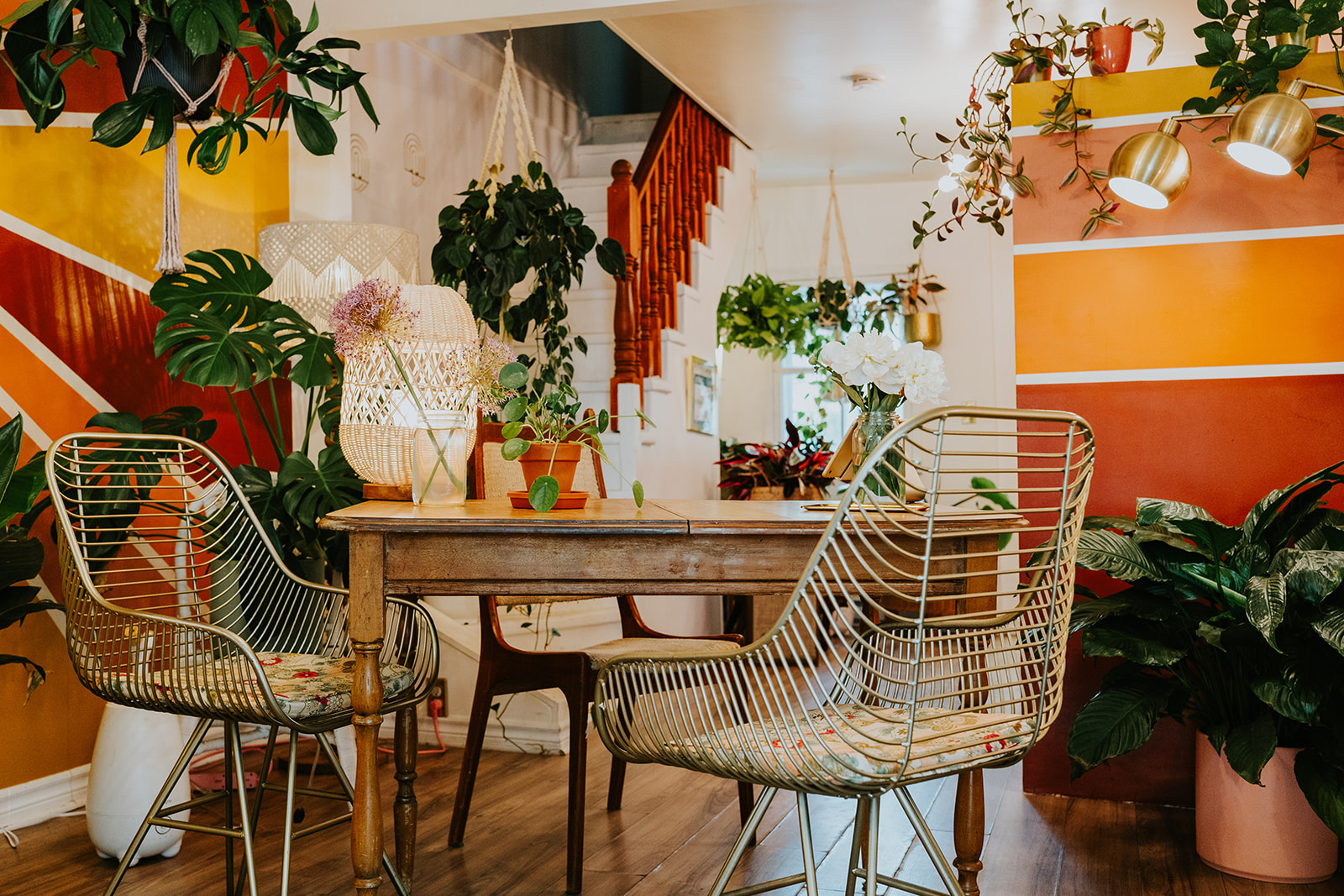 Warm studio interior with plants, brass lights and vintage chairs